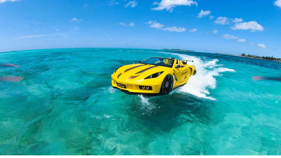 Aerial view of jet car on turquoise water
